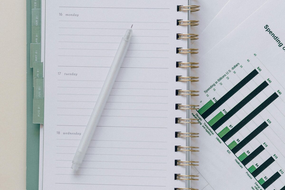 Muistilehtiö ja kynä budjettisuunnitelman kanssa